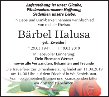 Traueranzeige von Bärbel Halusa von Mitteldeutsche Zeitung Weißenfels