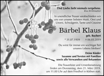 Traueranzeige von Bärbel Klaus von WVG - Wochenspiegel Dessau / Köthen