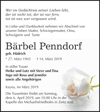 Traueranzeige von Bärbel Penndorf von WVG - Wochenspiegel NMB / WSF / ZTZ
