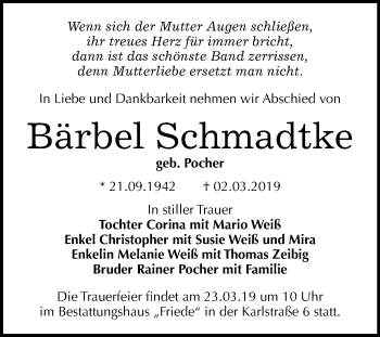 Traueranzeige von Bärbel Schmadtke von WVG - Wochenspiegel Dessau / Köthen