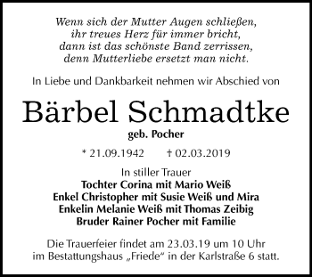 Traueranzeige von Bärbel Schmadtke von Mitteldeutsche Zeitung