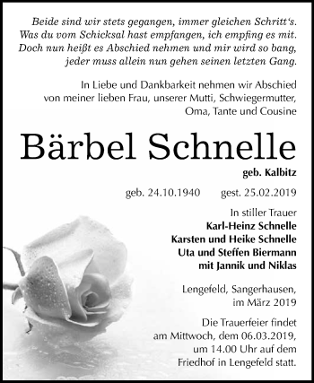 Traueranzeige von Bärbel Schnelle von Super Sonntag SGH Mansf. Land