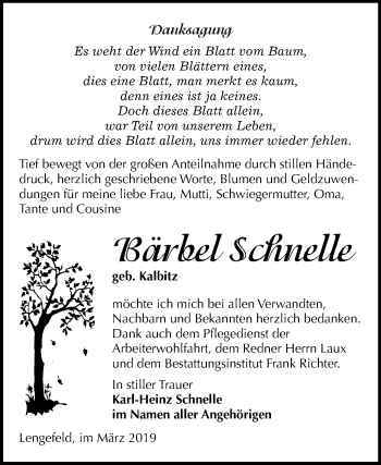 Traueranzeige von Bärbel Schnelle von Mitteldeutsche Zeitung Sangerhausen
