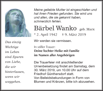 Traueranzeige von Bärbel Wanko von Mitteldeutsche Zeitung Merseburg/Querfurt