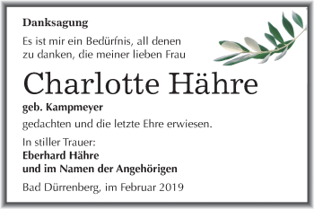 Traueranzeige von Charlotte Hähre von Mitteldeutsche Zeitung Merseburg/Querfurt