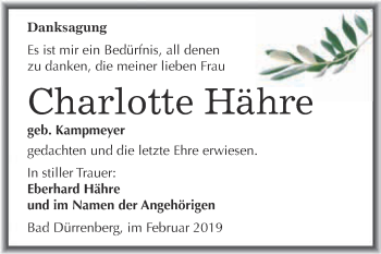 Traueranzeige von Charlotte Hähre von Super Sonntag Merseburg