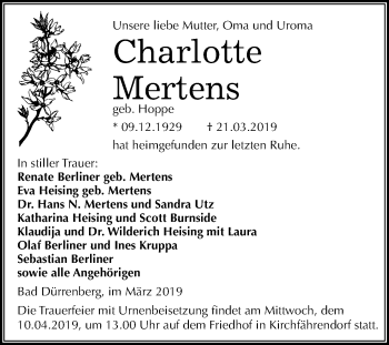 Traueranzeige von Charlotte Mertens von Mitteldeutsche Zeitung Merseburg/Querfurt