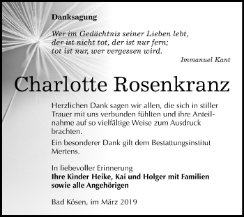 Traueranzeige von Charlotte Rosenkranz von Mitteldeutsche Zeitung