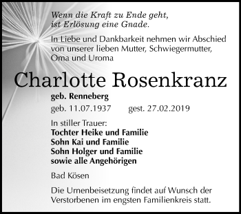 Traueranzeige von Charlotte Rosenkranz von Mitteldeutsche Zeitung