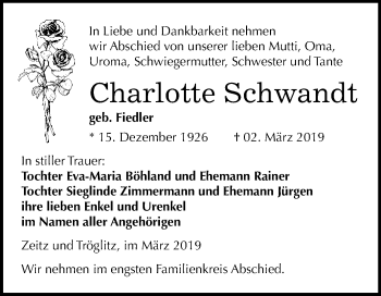 Traueranzeige von Charlotte Schwandt von WVG - Wochenspiegel NMB / WSF / ZTZ