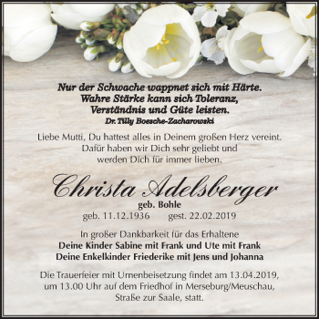 Traueranzeige von Christa Adelsberger von Mitteldeutsche Zeitung