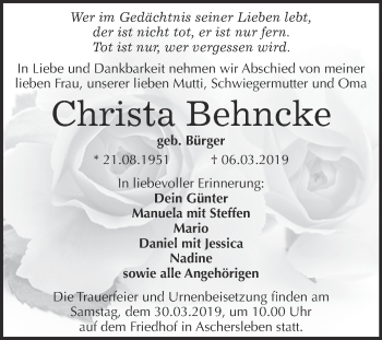 Traueranzeige von Christa Behncke von Super Sonntag Aschersleben