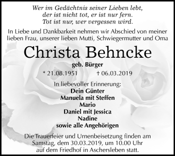 Traueranzeige von Christa Behncke von Mitteldeutsche Zeitung Aschersleben