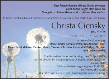 Traueranzeige von Christa Ciensky von WVG - Wochenspiegel Dessau / Köthen