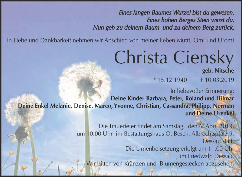  Traueranzeige für Christa Ciensky vom 11.03.2019 aus WVG - Wochenspiegel Dessau / Köthen
