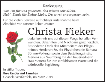 Traueranzeige von Christa Ficker von Mitteldeutsche Zeitung Weißenfels