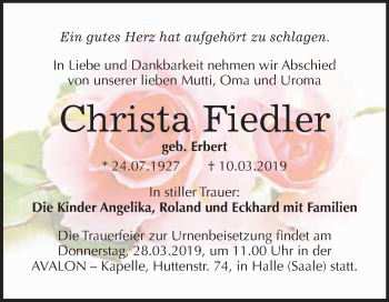 Traueranzeige von Christa Fiedler von WVG - Wochenspiegel Merseburg