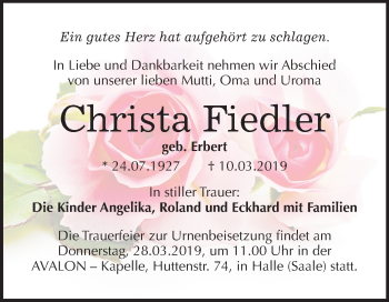 Traueranzeige von Christa Fiedler von Mitteldeutsche Zeitung Merseburg/Querfurt
