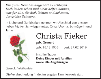 Traueranzeige von Christa Fieker von WVG - Wochenspiegel NMB / WSF / ZTZ