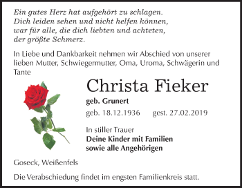 Traueranzeige von Christa Fieker von Mitteldeutsche Zeitung Weißenfels
