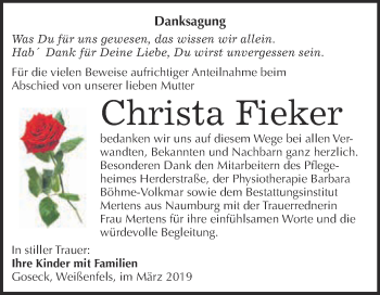Traueranzeige von Christa Fieker von WVG - Wochenspiegel NMB / WSF / ZTZ
