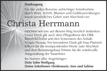 Traueranzeige von Christa Herrmann von WVG - Wochenspiegel Dessau / Köthen