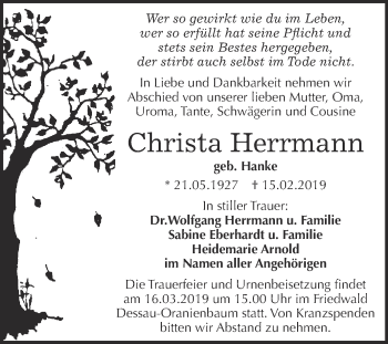 Traueranzeige von Christa Herrmann von WVG - Wochenspiegel Bitterfeld