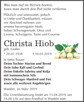 Traueranzeige von Christa Hiob von Mitteldeutsche Zeitung