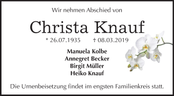 Traueranzeige von Christa Knauf von Mitteldeutsche Zeitung