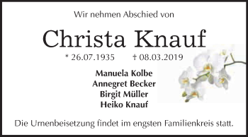Traueranzeige von Christa Knauf von WVG - Wochenspiegel Dessau / Köthen