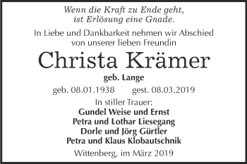 Traueranzeige von Christa Krämer von Super Sonntag Wittenberg