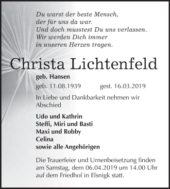 Traueranzeige von Christa Lichtenfeld von WVG - Wochenspiegel Dessau / Köthen