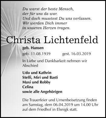 Traueranzeige von Christa Lichtenfeld von Mitteldeutsche Zeitung