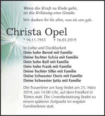 Traueranzeige von Christa Opel von WVG - Wochenspiegel Dessau / Köthen