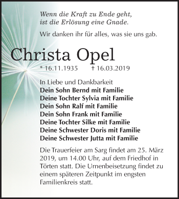 Traueranzeige von Christa Opel von Mitteldeutsche Zeitung Dessau-Roßlau