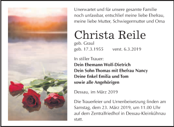 Traueranzeige von Christa Reile von WVG - Wochenspiegel Dessau / Köthen