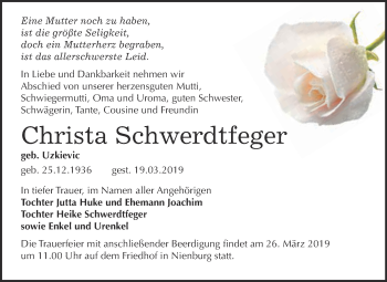 Traueranzeige von Christa Schwerdtfeger von Super Sonntag Bernburg