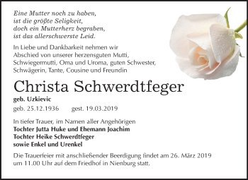 Traueranzeige von Christa Schwerdtfeger von Mitteldeutsche Zeitung Bernburg