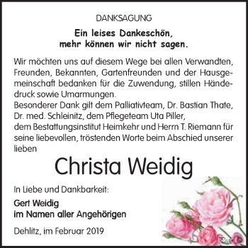 Traueranzeige von Christa Weidig von WVG - Wochenspiegel NMB / WSF / ZTZ