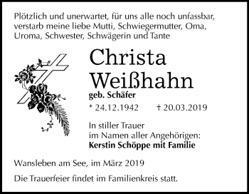 Traueranzeige von Christa Weißhahn von Mitteldeutsche Zeitung