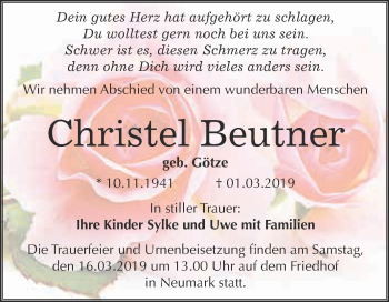 Traueranzeige von Christel Beutner von WVG - Wochenspiegel Merseburg