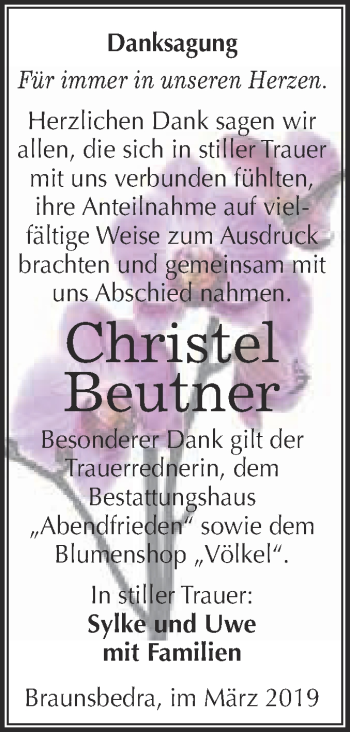 Traueranzeige von Christel Beutner von WVG - Wochenspiegel Merseburg