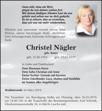Traueranzeige von Christel Nägler von Mitteldeutsche Zeitung