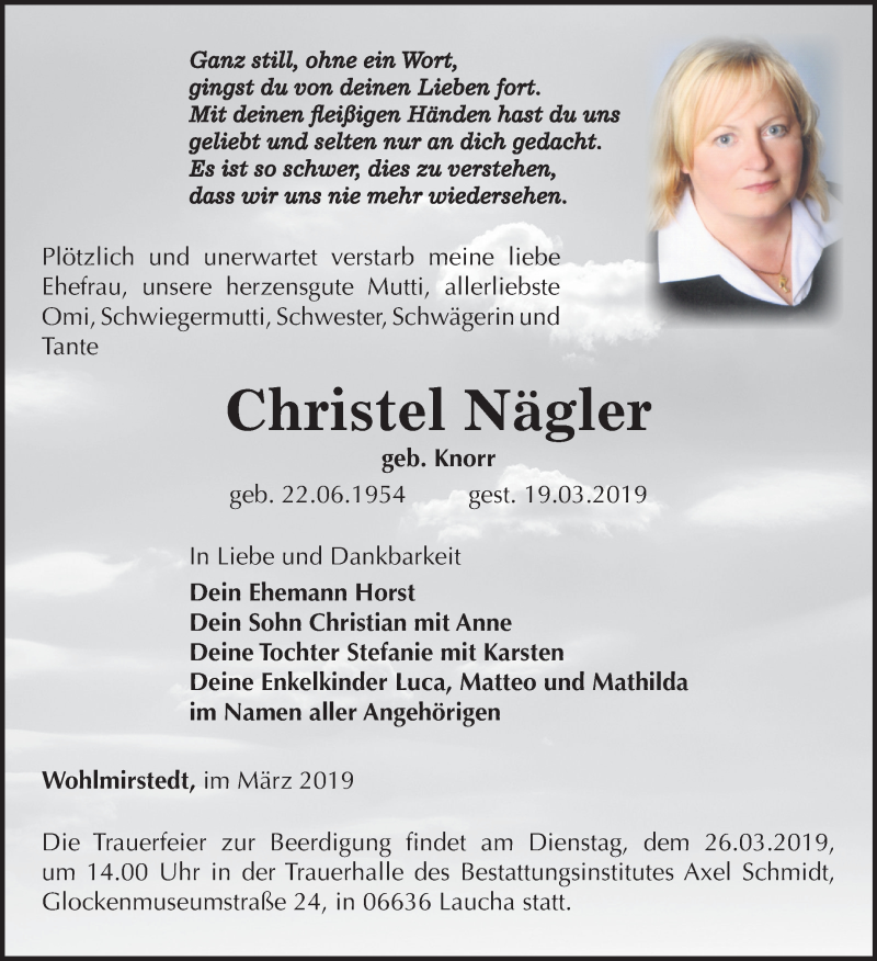  Traueranzeige für Christel Nägler vom 23.03.2019 aus Mitteldeutsche Zeitung