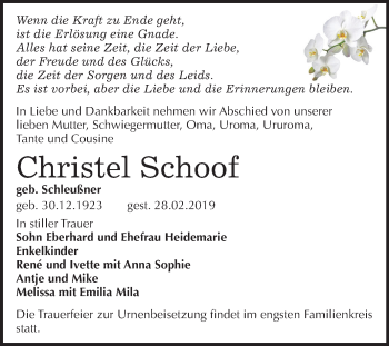 Traueranzeige von Christel Schoof von Mitteldeutsche Zeitung Merseburg/Querfurt