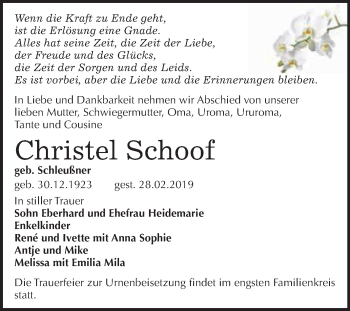 Traueranzeige von Christel Schoof von WVG - Wochenspiegel Merseburg