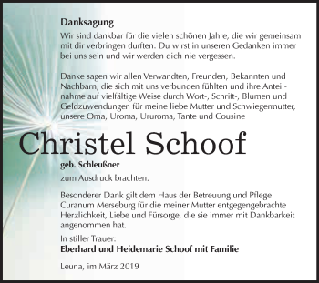 Traueranzeige von Christel Schoof von WVG - Wochenspiegel Merseburg