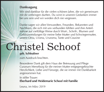 Traueranzeige von Christel Schoof von Mitteldeutsche Zeitung Merseburg/Querfurt