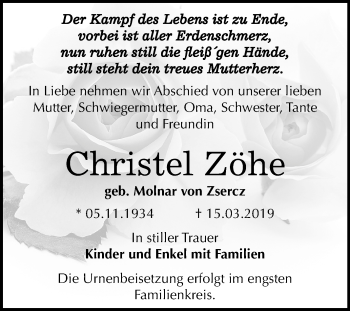 Traueranzeige von Christel Zöhe von Mitteldeutsche Zeitung Bernburg