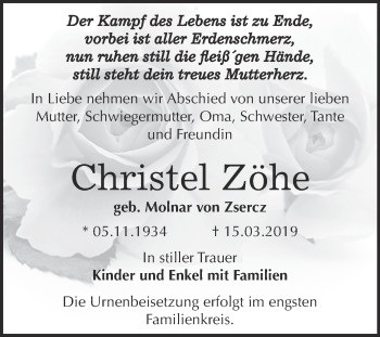 Traueranzeige von Christel Zöhe von Super Sonntag Bernburg